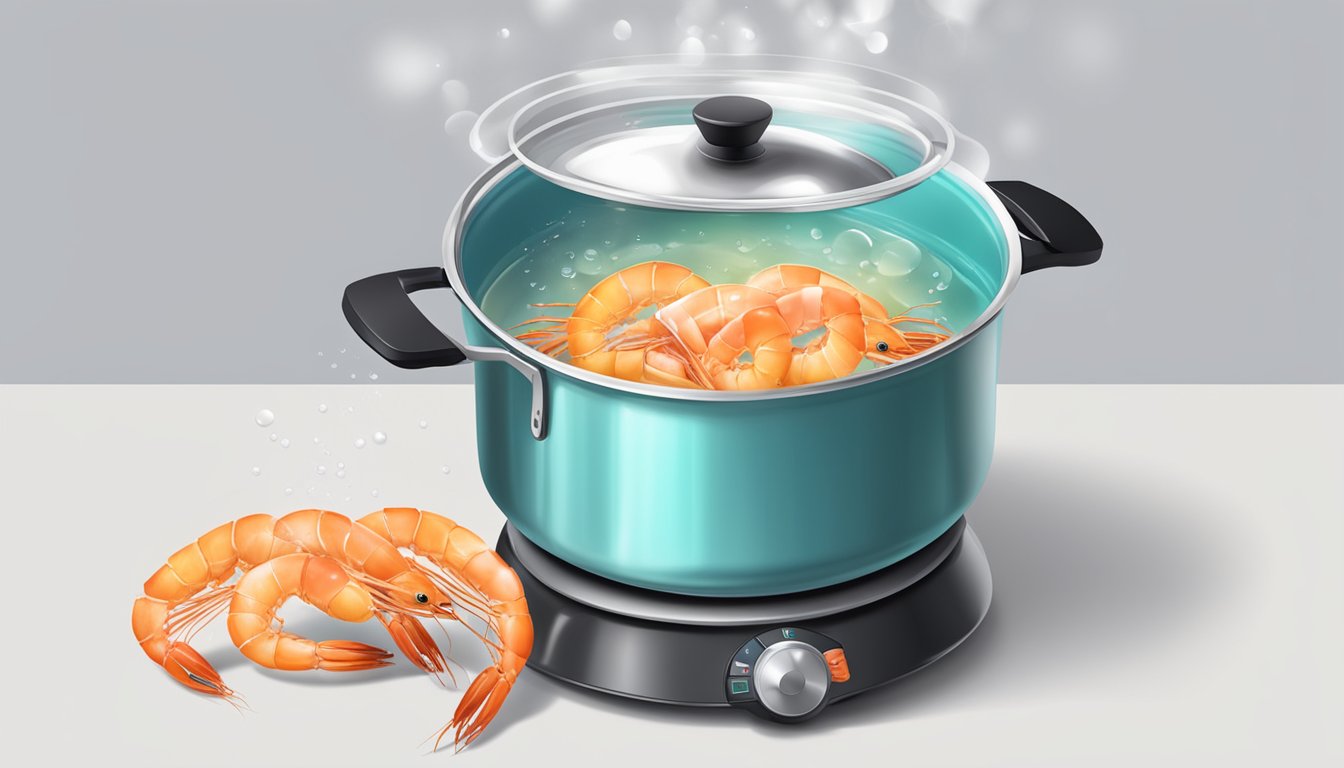 A pot of boiling water with shrimp being dropped in, timer set