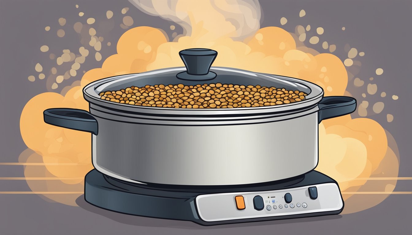 A pot of lentils simmering on the stove, with steam rising and a timer set nearby