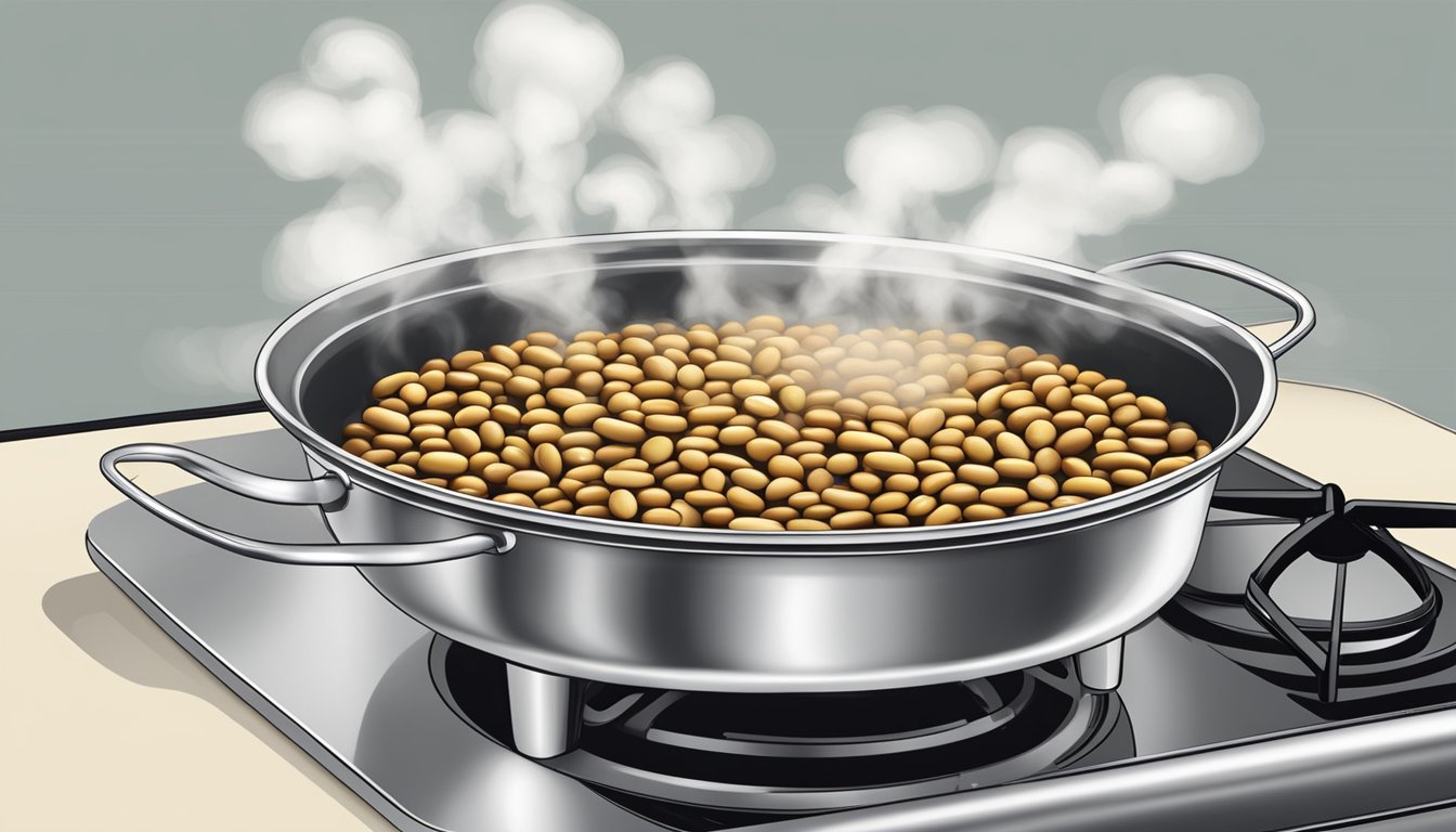 A pot of beans boiling on a stovetop, steam rising as they cook to perfect softness