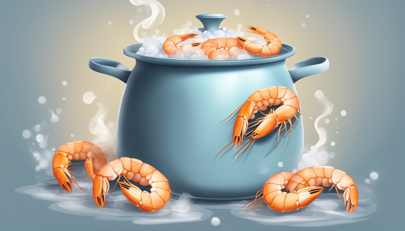 A pot of boiling water with shrimp inside, steam rising