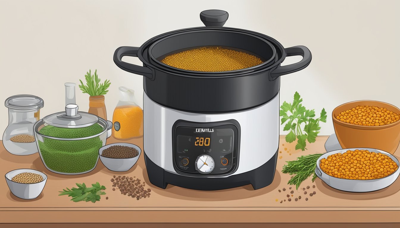 A pot of lentils simmering on a stovetop, with various herbs and spices scattered around. A timer sits nearby, ticking away