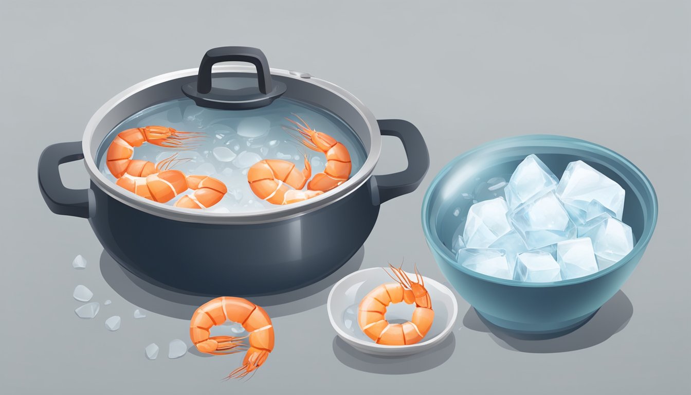 A pot of boiling water with shrimp inside, a timer set for the recommended cooking time, and a bowl of ice water nearby for quick cooling