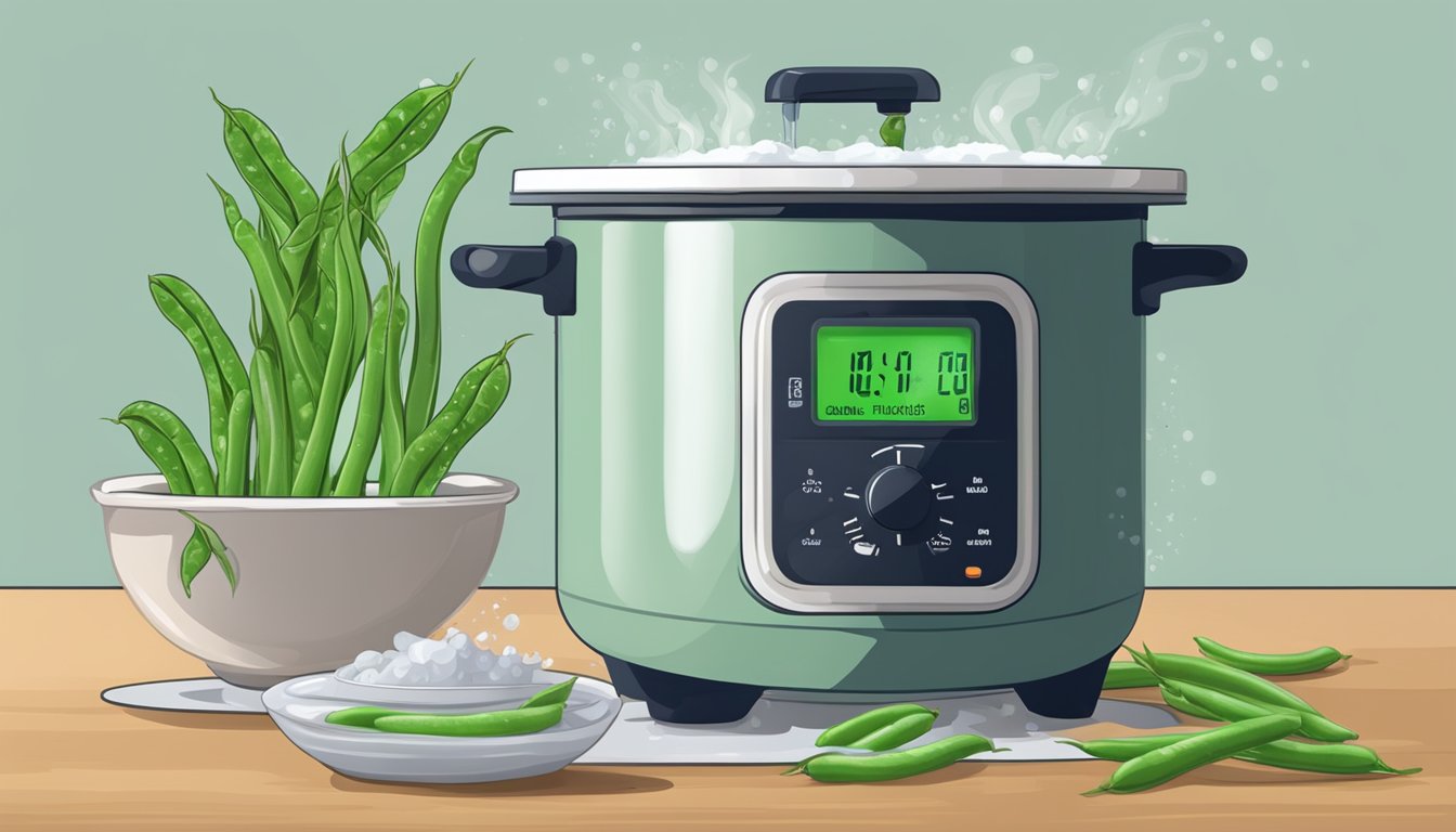 A pot of boiling water with green beans floating inside, a timer set for the perfect softness