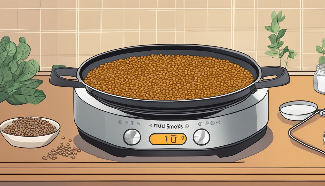 Lentils simmering in a pot of water on a stovetop, a timer set nearby