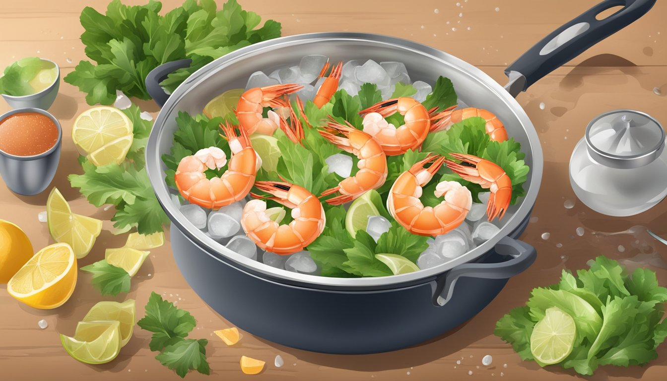 A pot of boiling water with shrimp inside, surrounded by ingredients for cocktails and salads