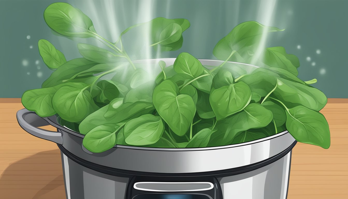 Fresh spinach leaves boiling in a pot of water. A timer set for 3 minutes