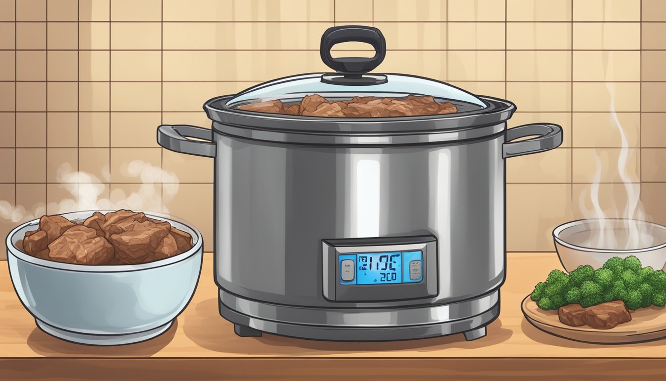 A pot of beef chunks simmering in boiling water, steam rising, with a timer set for the recommended time to tenderize tough cuts