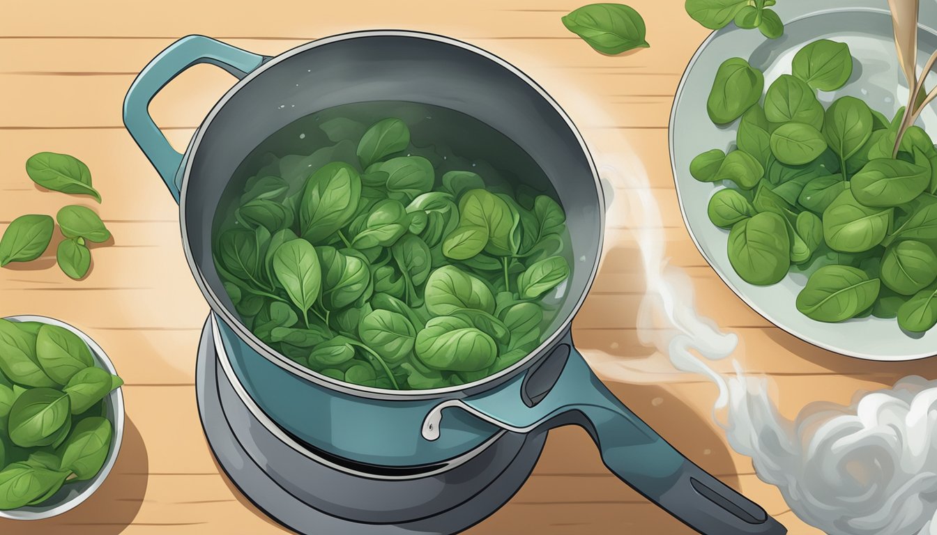 A pot of boiling water with fresh spinach being dropped in