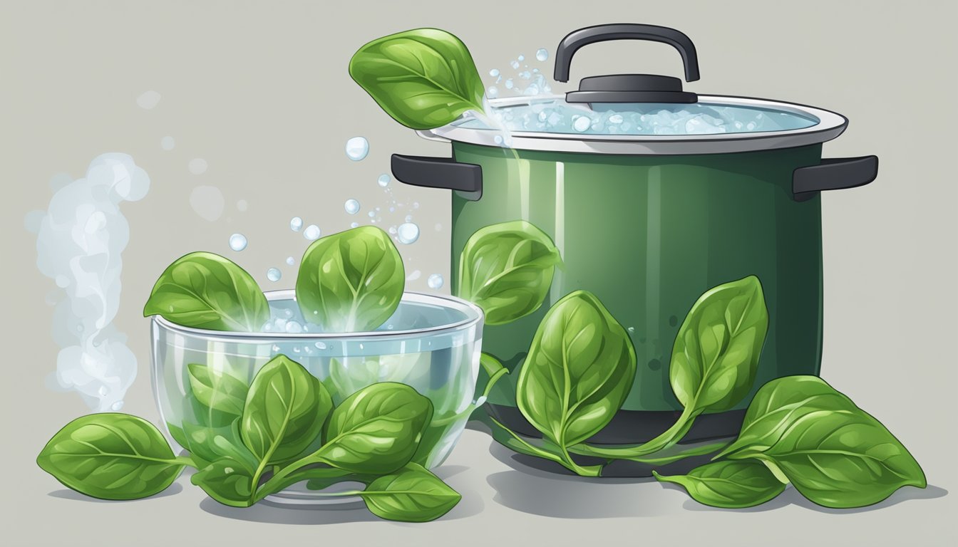 Spinach leaves boiling in a pot of water, steam rising, with a timer set for 1-2 minutes