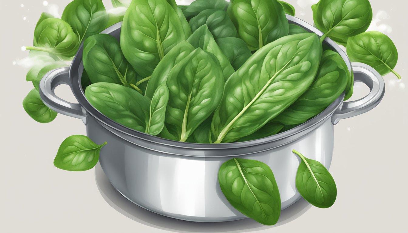 Spinach leaves in a pot of boiling water, steam rising