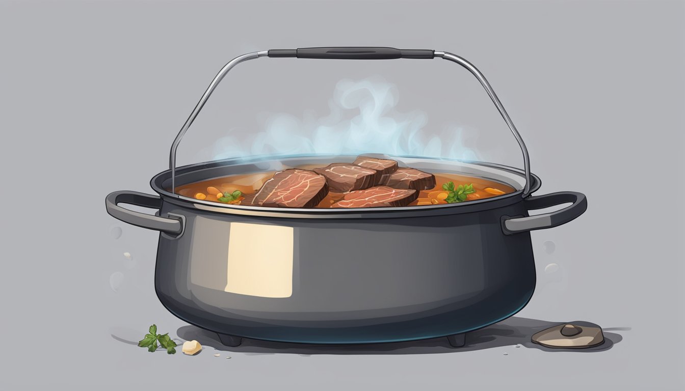 A large pot of boiling water with tough cuts of beef simmering inside