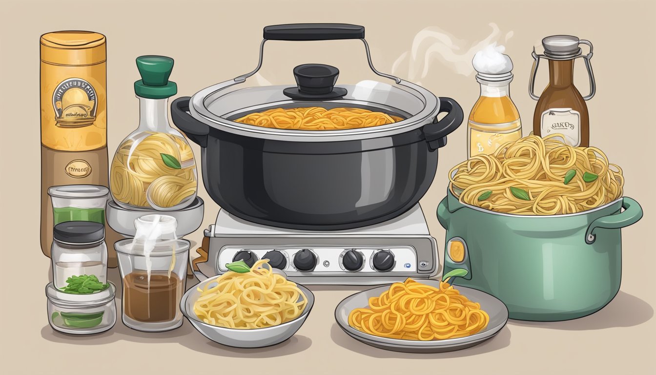 A pot of boiling water with pasta inside, a timer set for al dente perfection, and various sauces lined up next to it