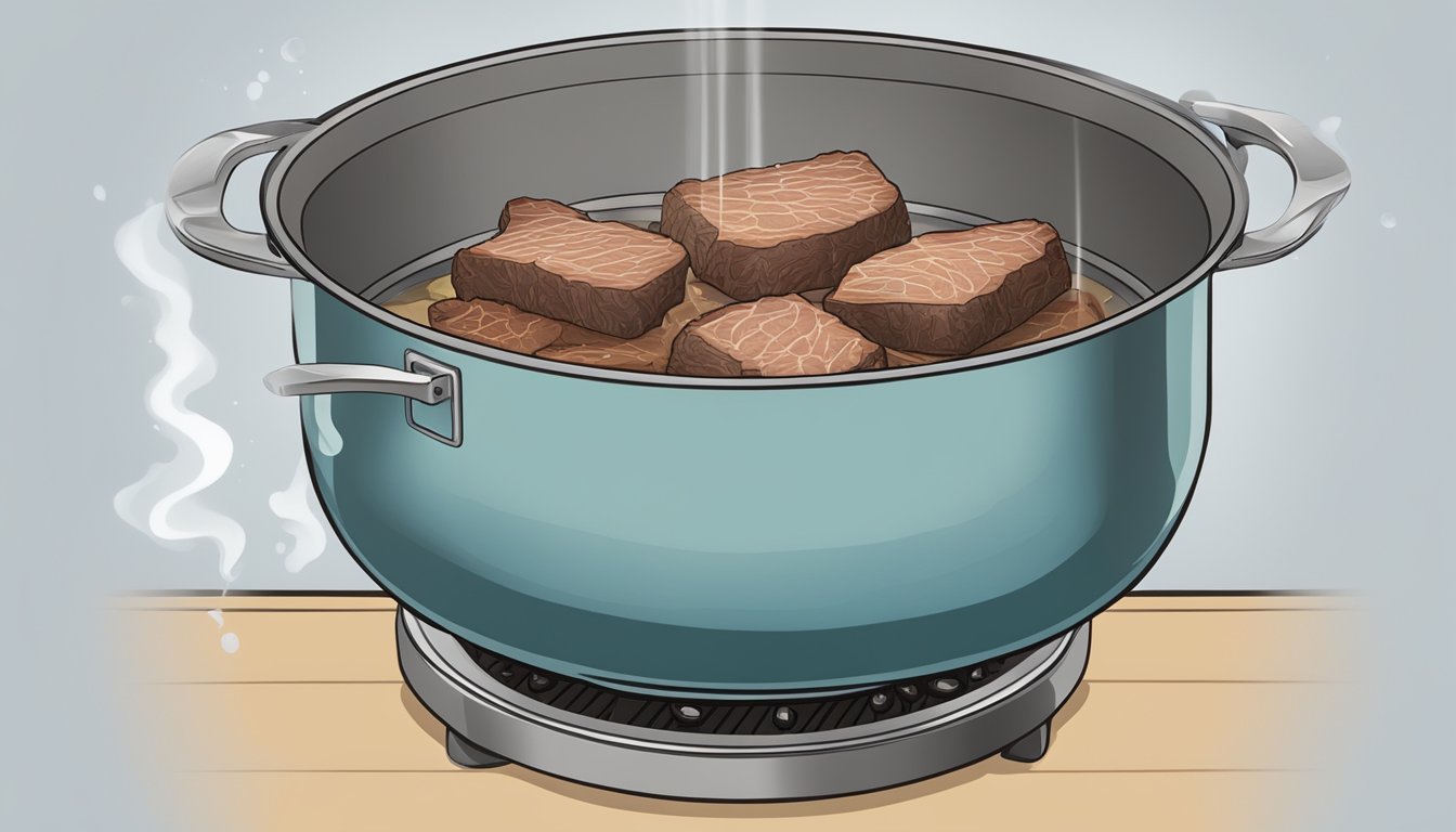 A pot of boiling water with tough beef cuts being lowered in