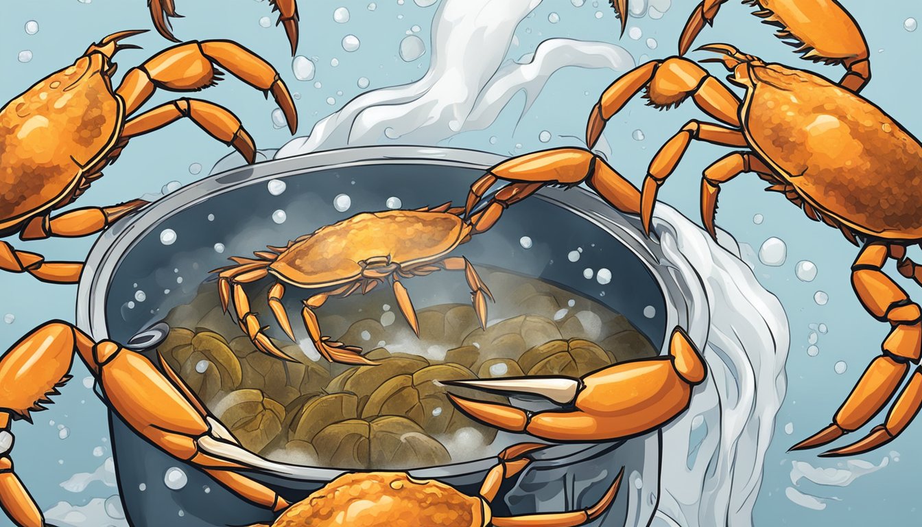 A pot of boiling water with crabs being carefully lowered in