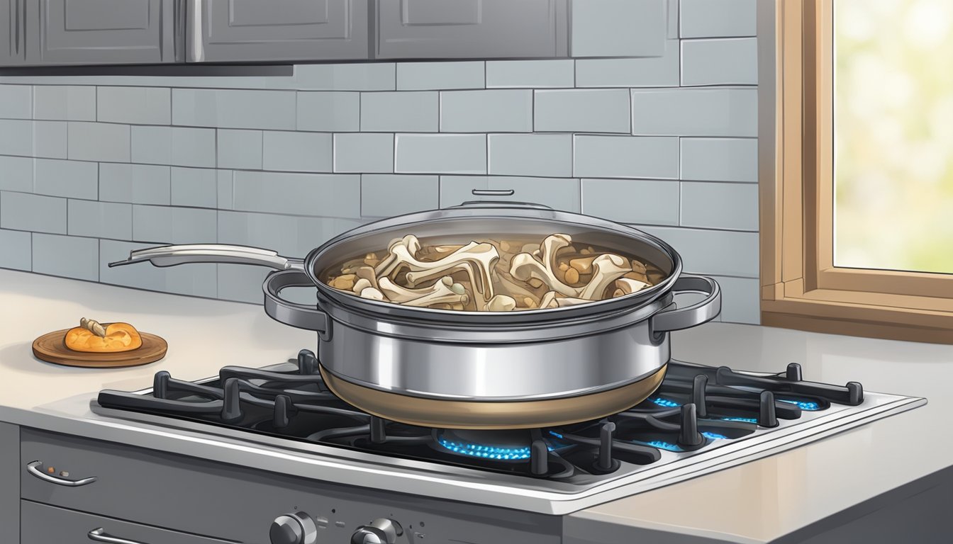 A large pot of bones simmering in water on a stovetop, steam rising, with a timer set for several hours