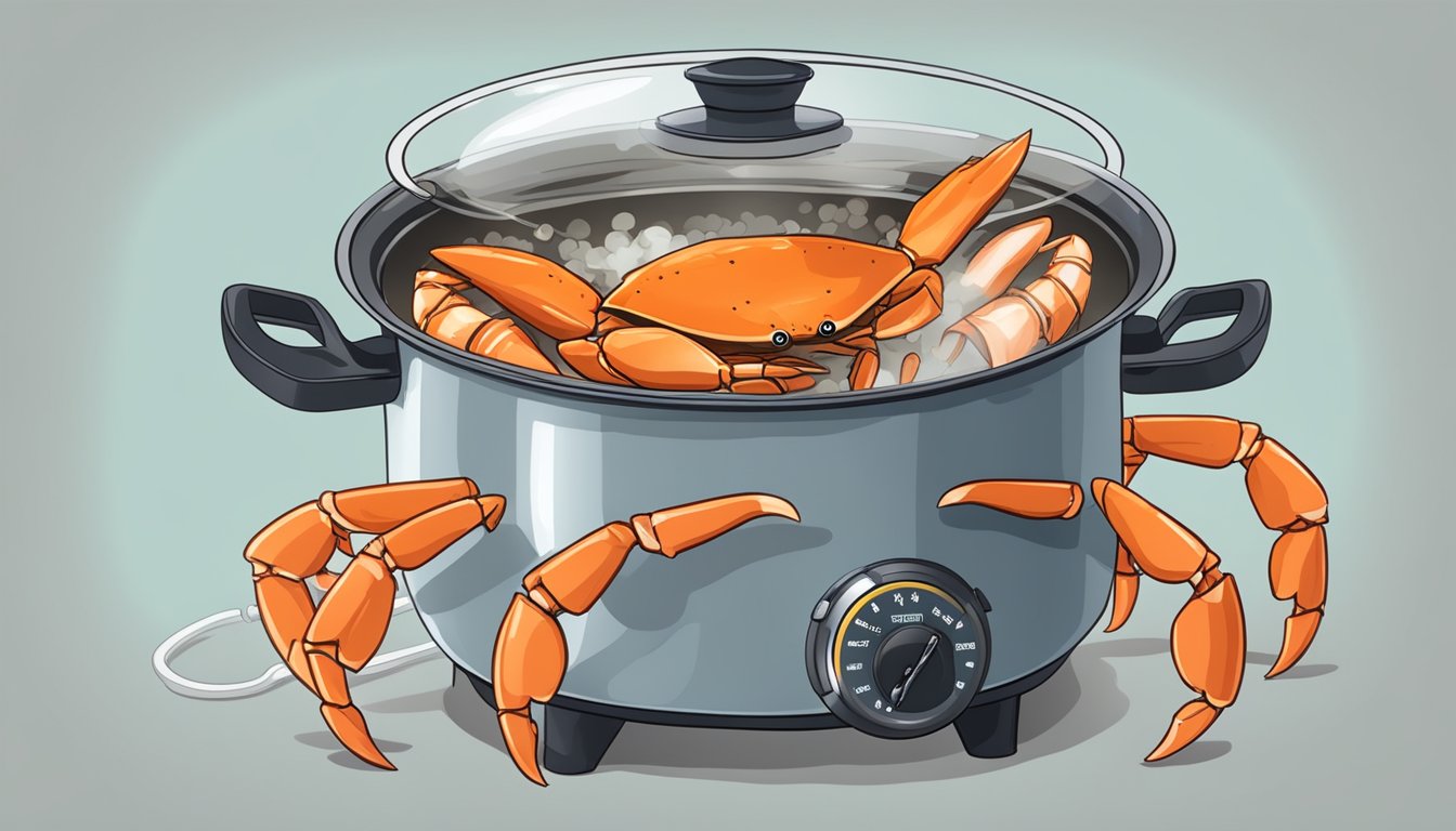 A pot of boiling water with crab legs inside, a timer set nearby