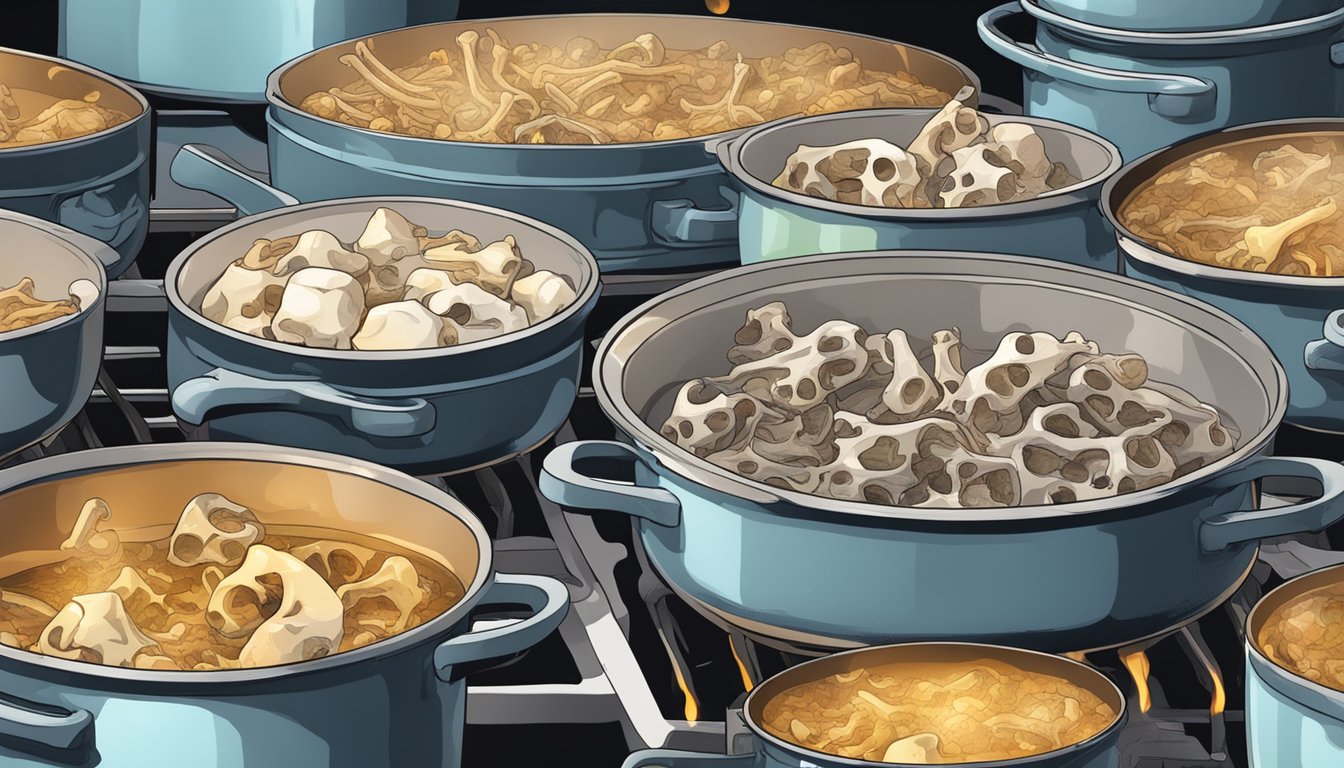 A large pot of bones simmering on a stovetop, steam rising as the liquid boils for several hours