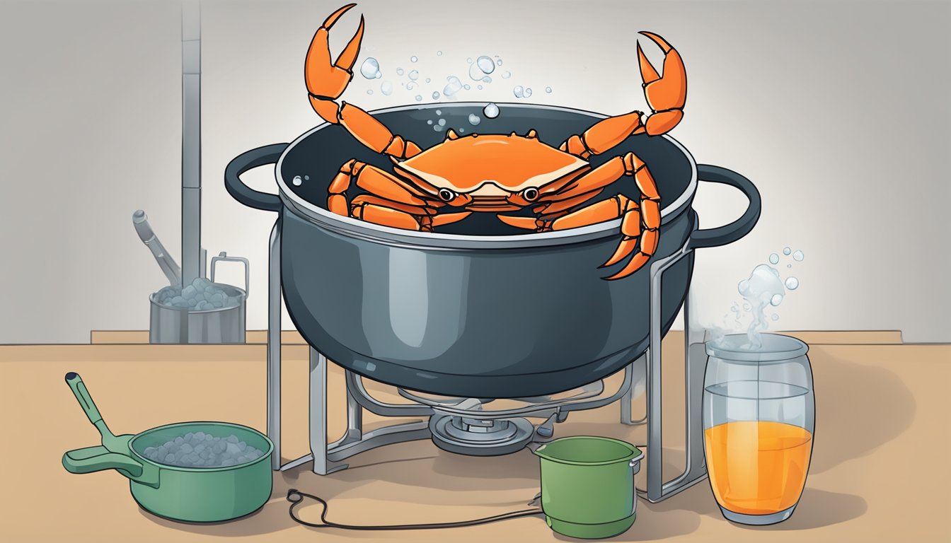 A pot of boiling water with crab legs being lowered in