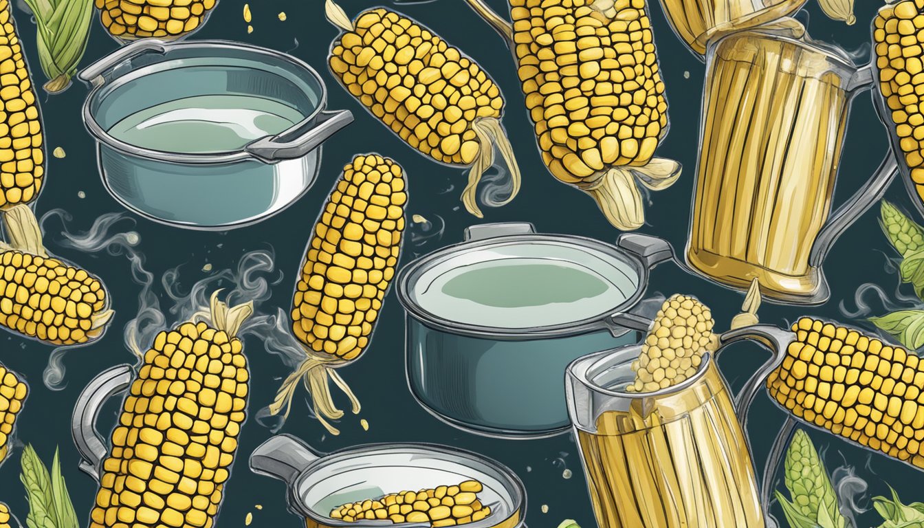 A pot of boiling water with corn on the cob inside, steam rising