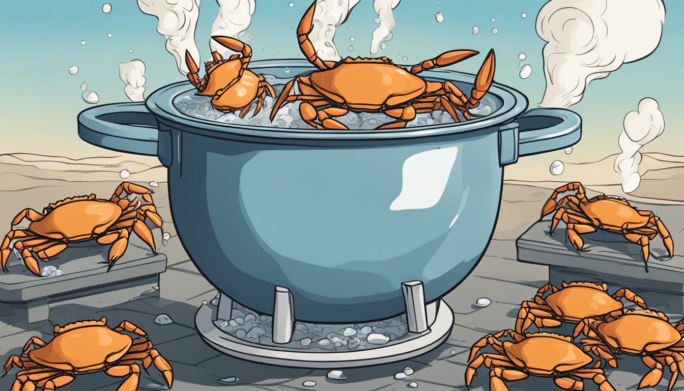 A pot of boiling water with crabs being dropped in