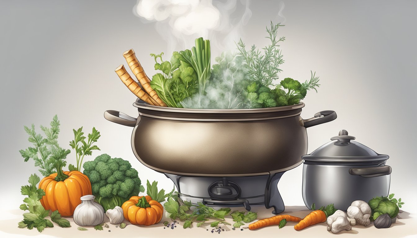 A large pot of bones simmering in water, steam rising, with various herbs and vegetables nearby