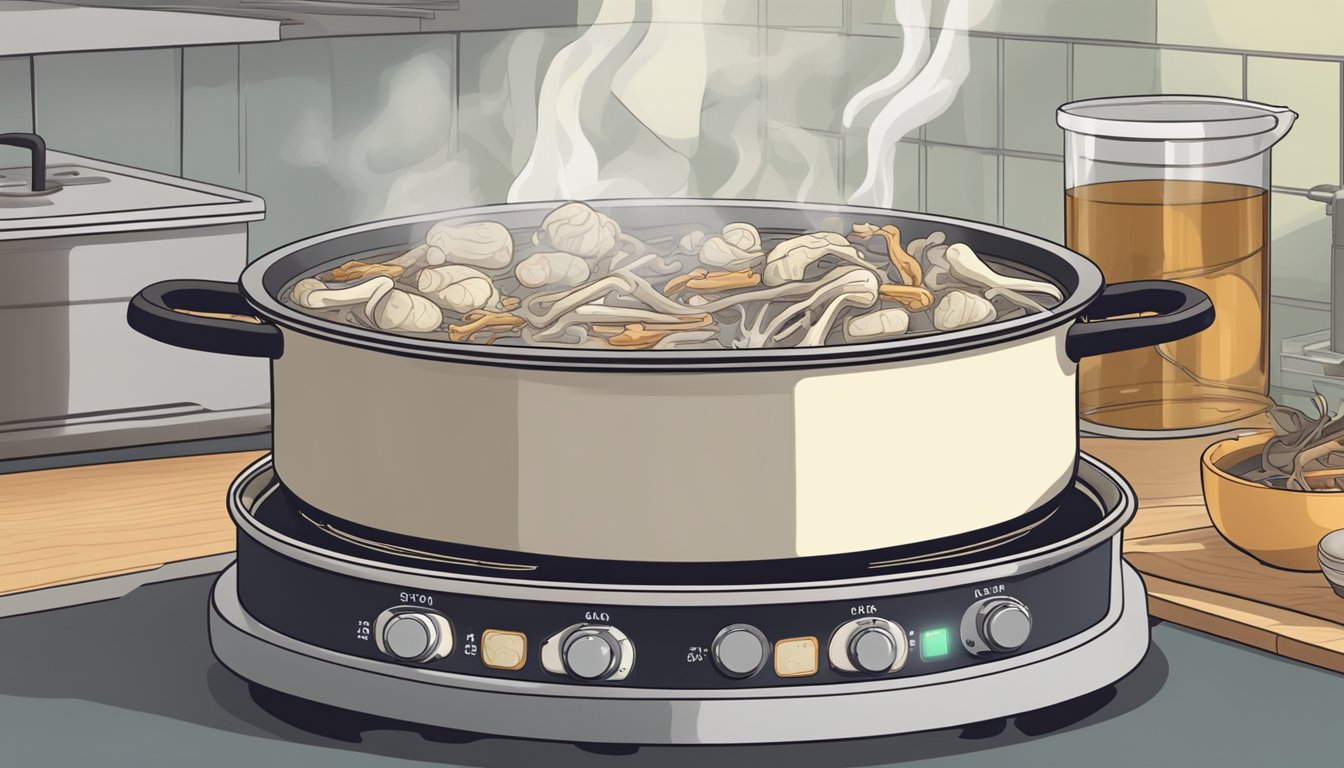 A large pot of bones simmering on a stove, steam rising as the broth cooks. A timer set for the optimal boiling time