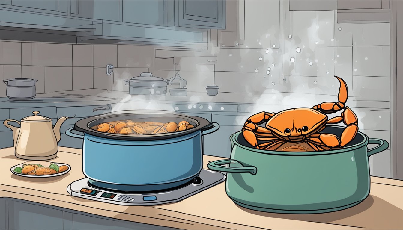 A pot of boiling water with crabs being dropped in. Timer set for recommended boiling time