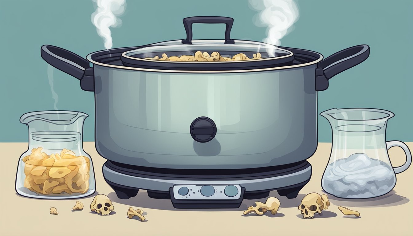 A pot of bones simmering in water, steam rising, with a timer set nearby