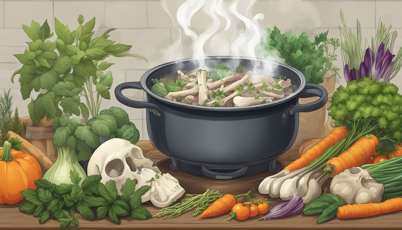 A large pot of bones simmering in water, steam rising, surrounded by various herbs and vegetables