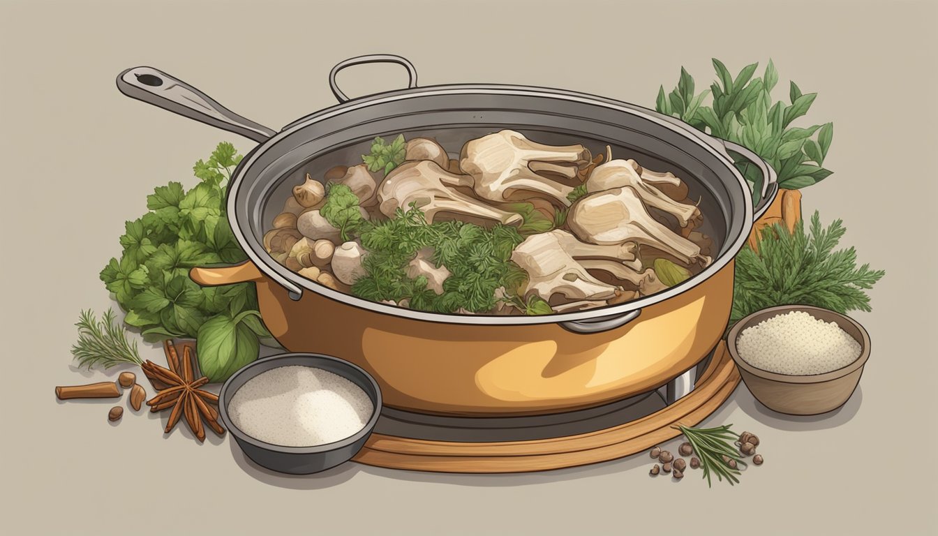 A pot of simmering bones on a stovetop, surrounded by various herbs and spices. Steam rises from the pot as the stock cooks to perfection