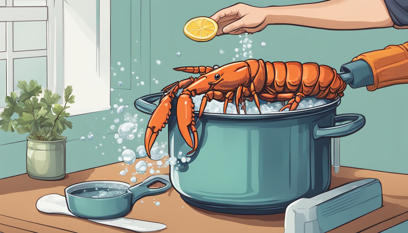 A pot of boiling water with a lobster being lowered in