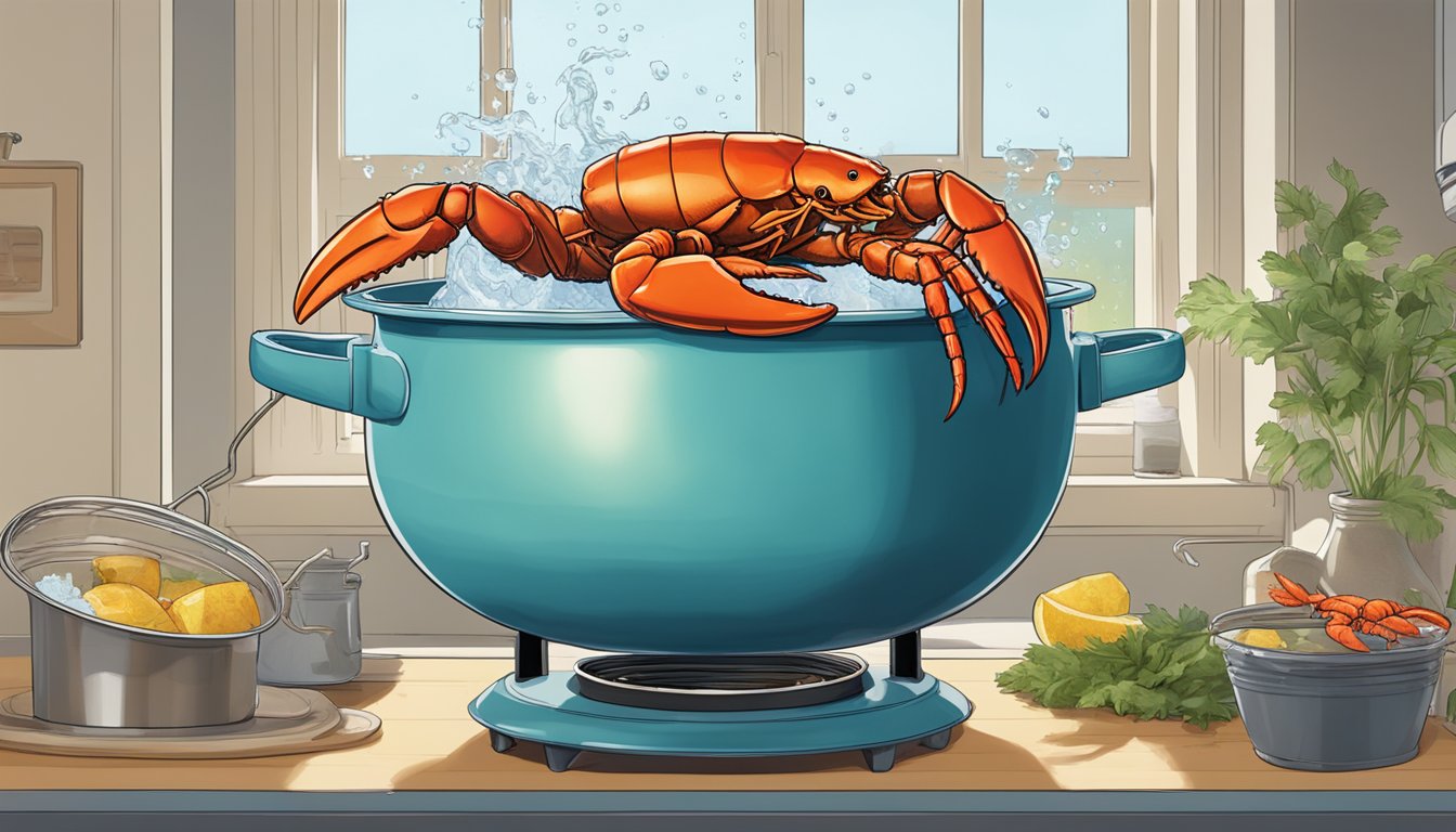 A large pot of boiling water with a lobster being lowered in