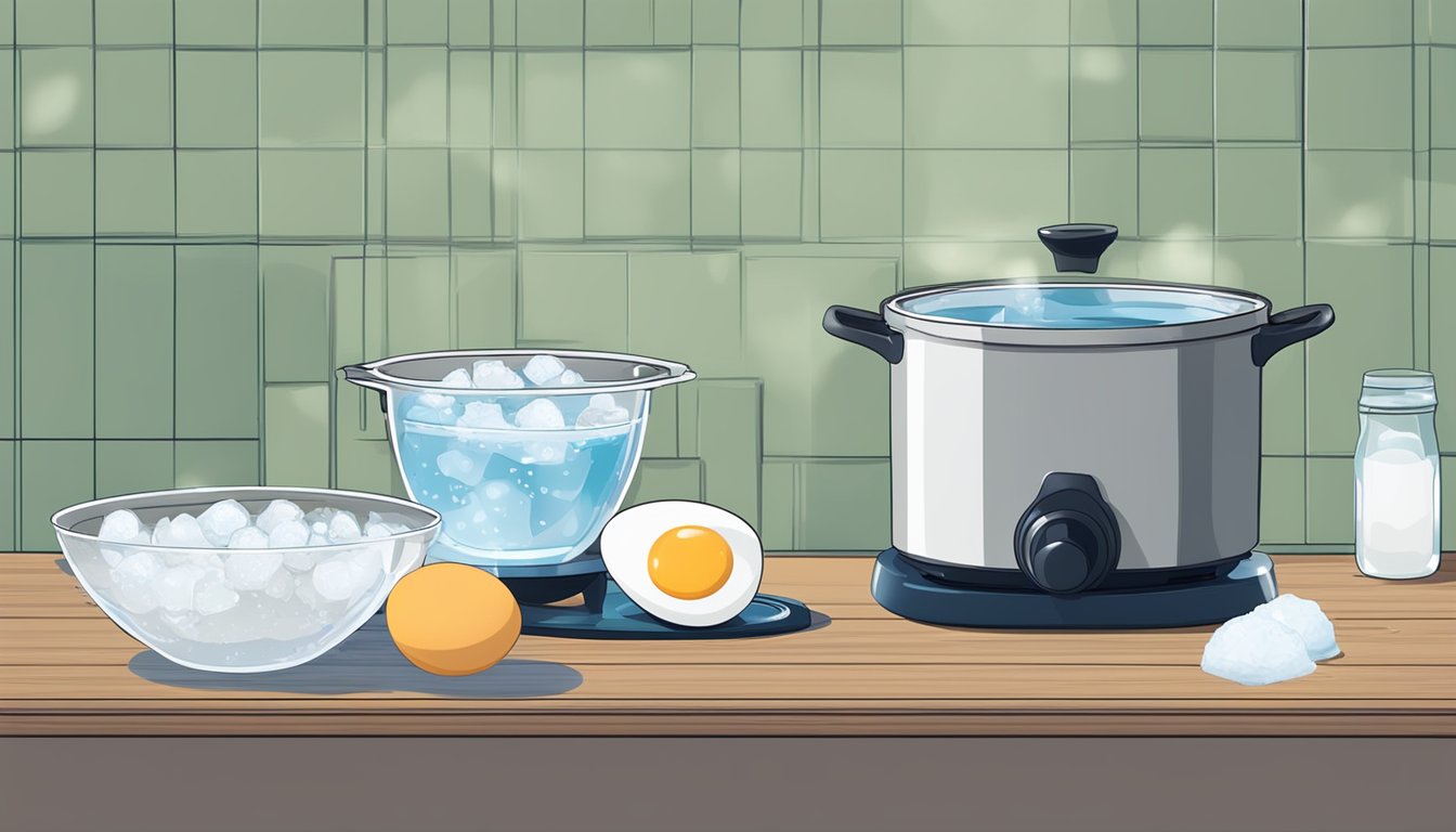 A pot of boiling water with eggs inside, a timer set, and a bowl of ice water nearby