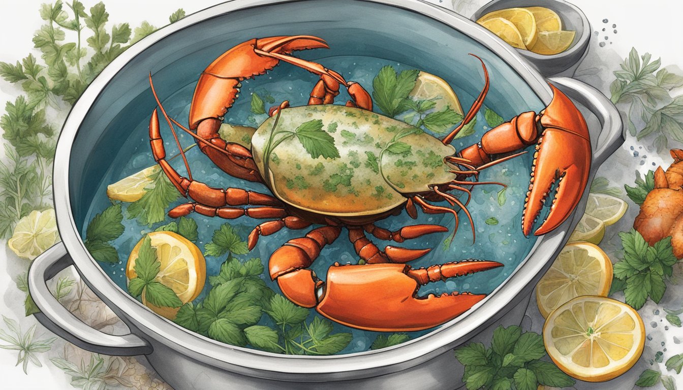 A large pot of boiling water with a lobster submerged inside. Various herbs and seasonings scattered around the pot