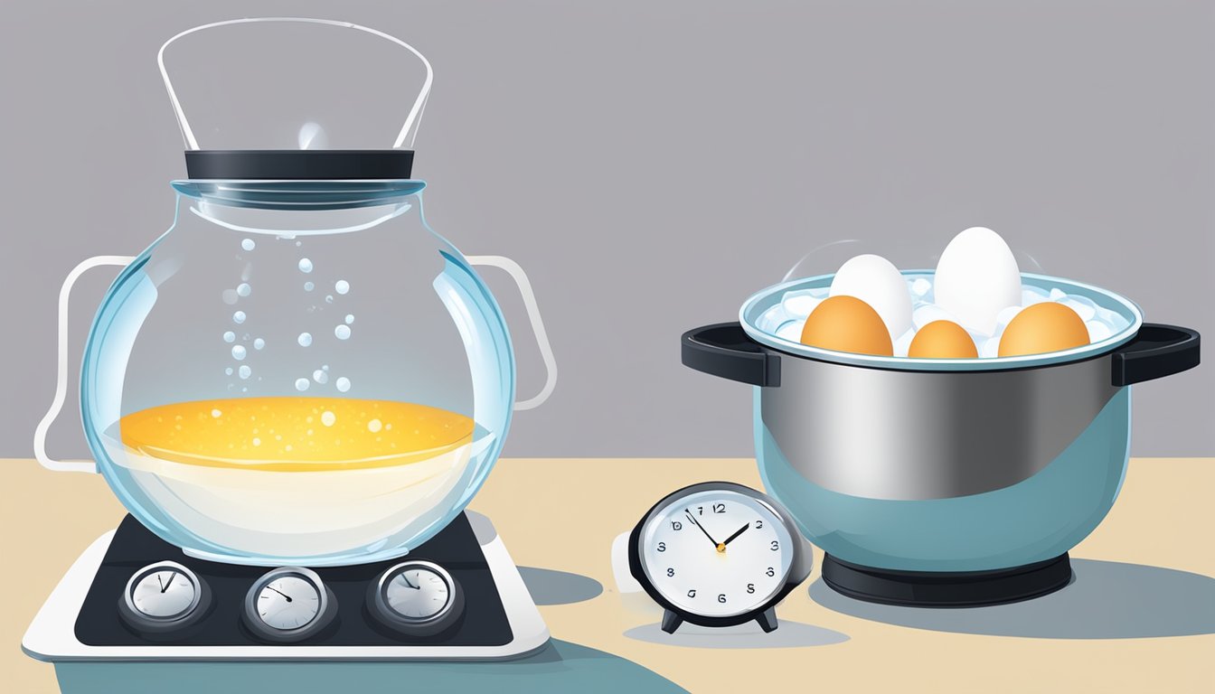 A pot of boiling water with eggs inside, a timer set for the recommended time, and a bowl of ice water ready for cooling