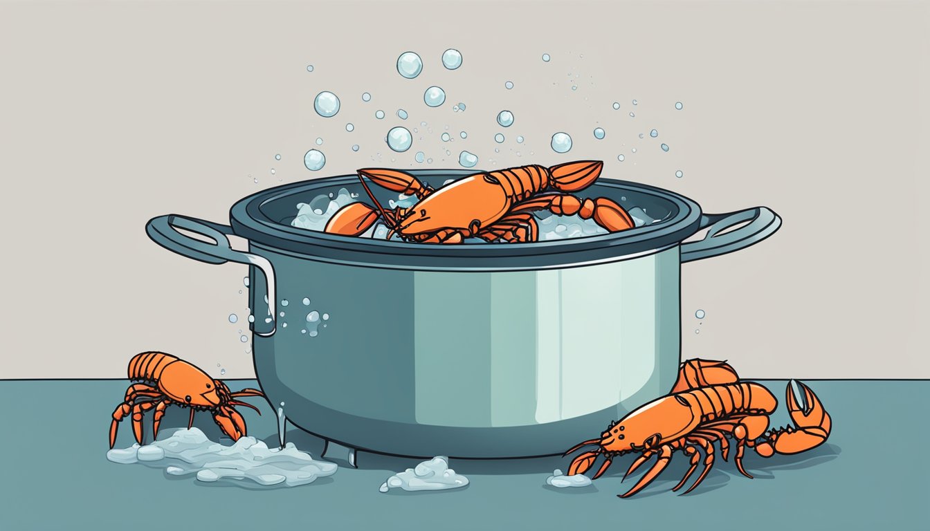 A pot of boiling water with lobsters being dropped in. Timer set