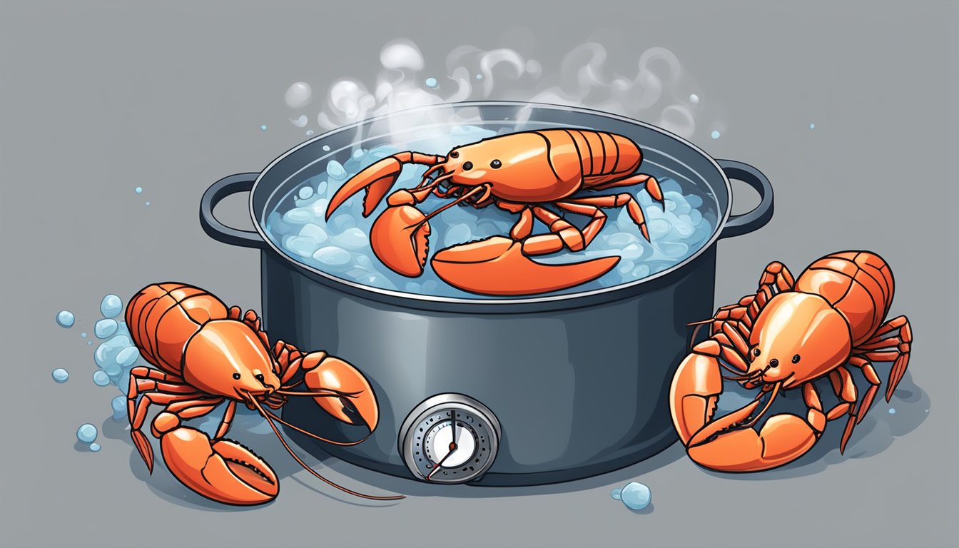 A pot of boiling water with a lobster submerged inside, steam rising, and a timer set next to the pot