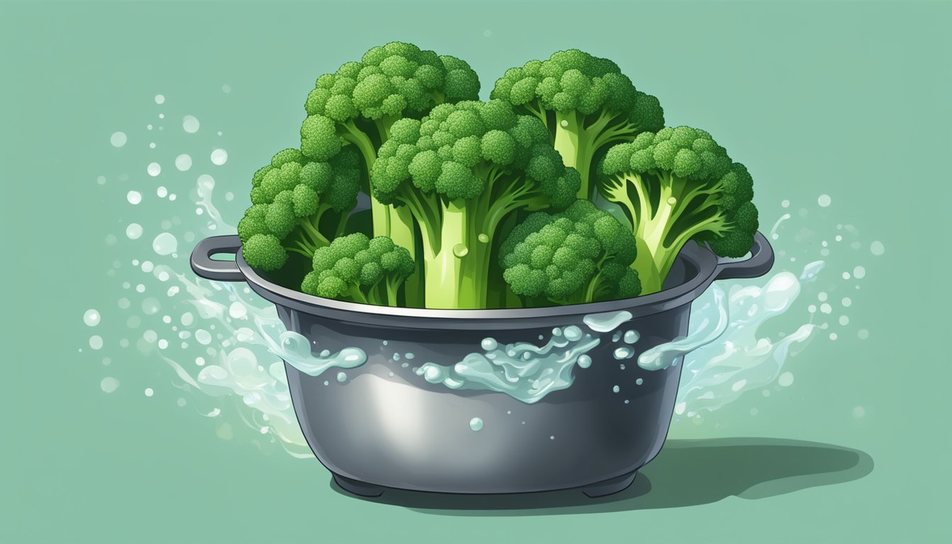 Fresh broccoli boiling in a pot of water, turning bright green and tender as it cooks. A sprinkle of seasoning and flavor enhancements nearby