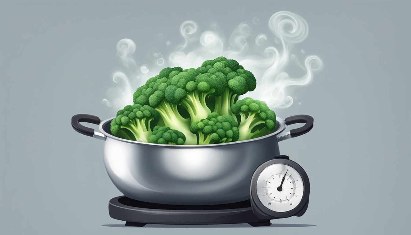 A pot of boiling water with bright green broccoli floating inside, steam rising, timer set for perfect tenderness