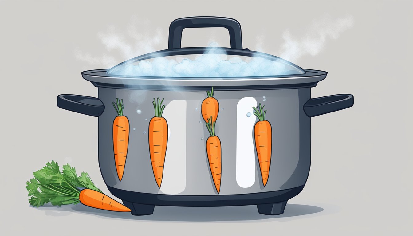 Carrots boiling in a pot of water, steam rising, with a timer set nearby