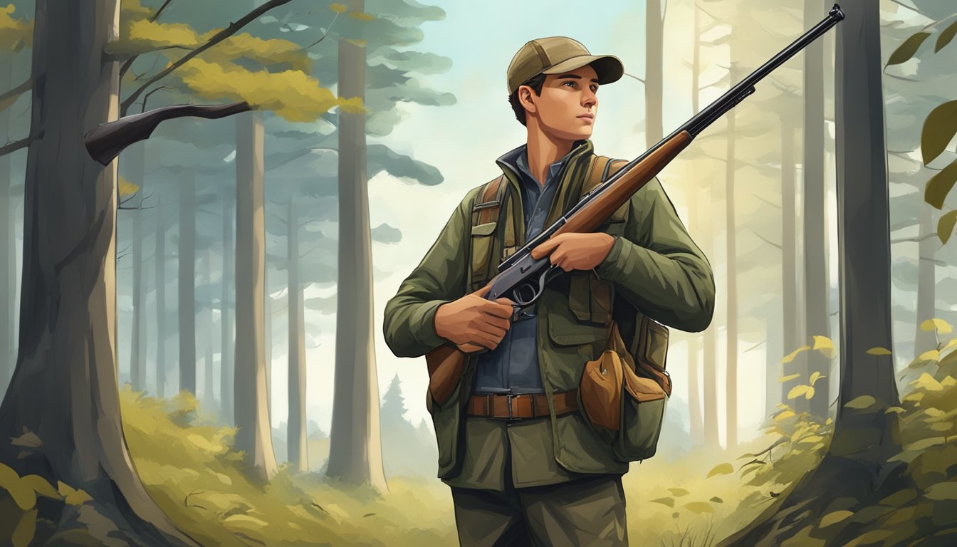 A young hunter wearing banded hunting clothes stands in a forest clearing, surrounded by trees and holding a rifle