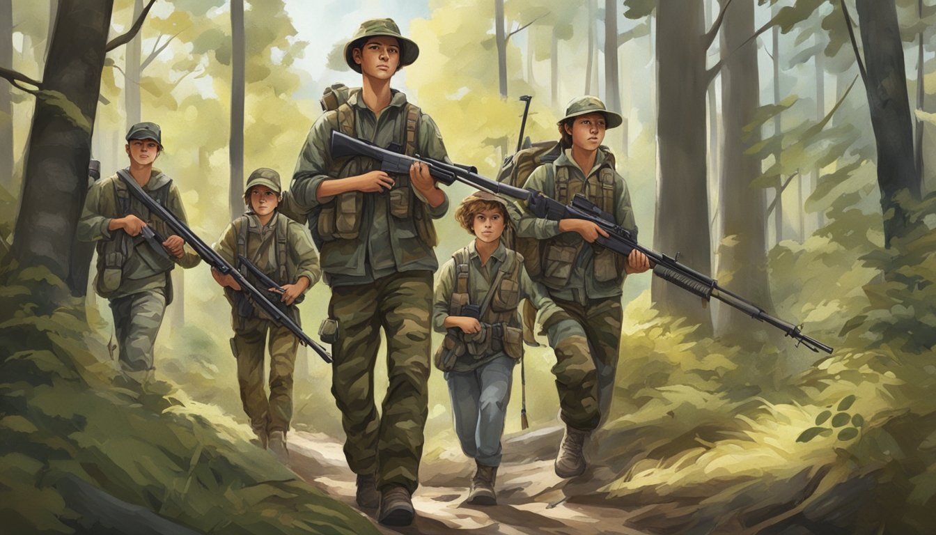 A group of young hunters wearing banded camouflage hunting clothes, carrying rifles, and walking through a forested area