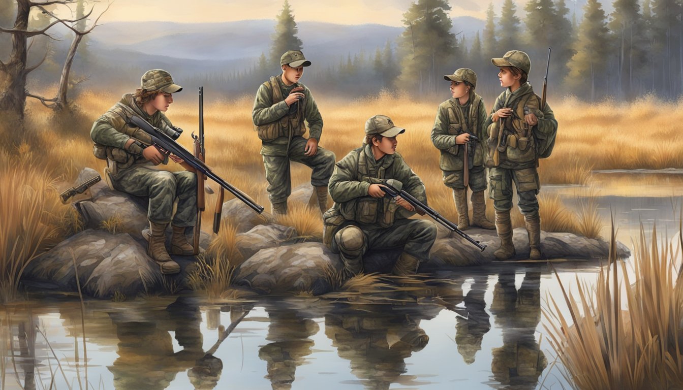 A group of young hunters in camouflage gear gather around a pond, their rifles and decoys at the ready