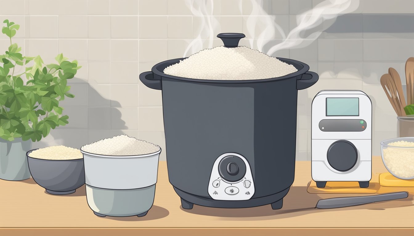 A pot of boiling water with measured rice being added, a timer set for the recommended cooking time, and a fluffy, separate pile of cooked rice next to the pot