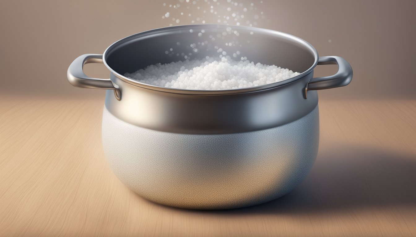 A pot of boiling water with fluffy rice grains floating to the surface, steam rising