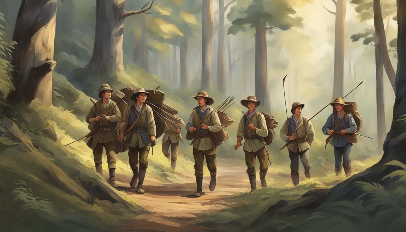 A group of young hunters trek through a forest, carrying bows and arrows. They are accompanied by experienced guides, learning the importance of hunting in their historical context