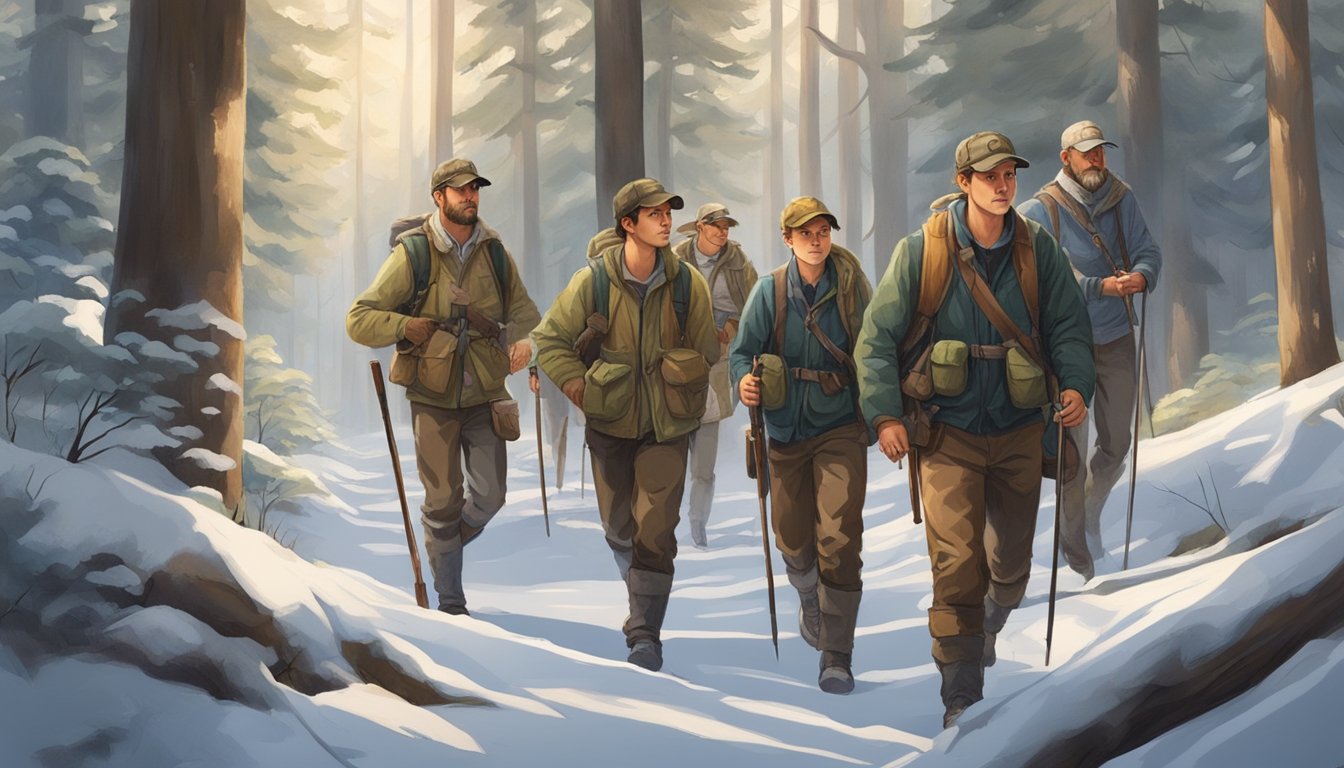 A group of young hunters, guided by an experienced mentor, navigate through a forest, learning valuable skills and gaining a deeper appreciation for nature