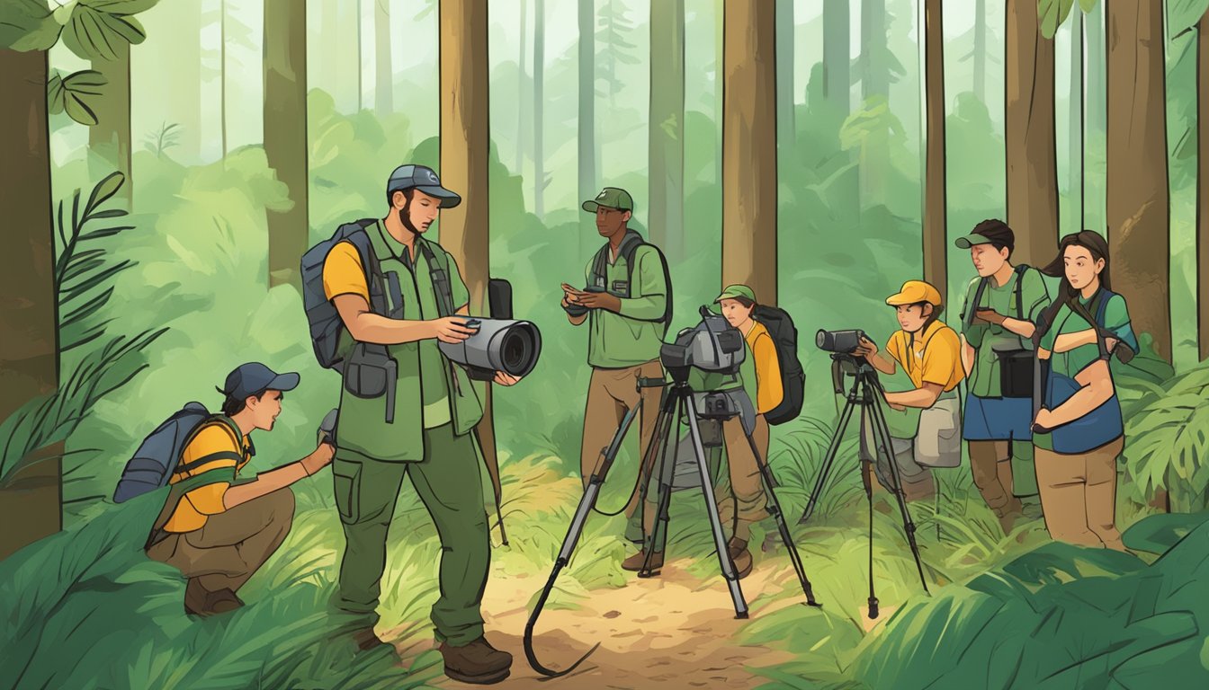 A group of young people setting up wildlife cameras and bird feeders in a lush forest, with a ranger guiding them and explaining the importance of conservation efforts