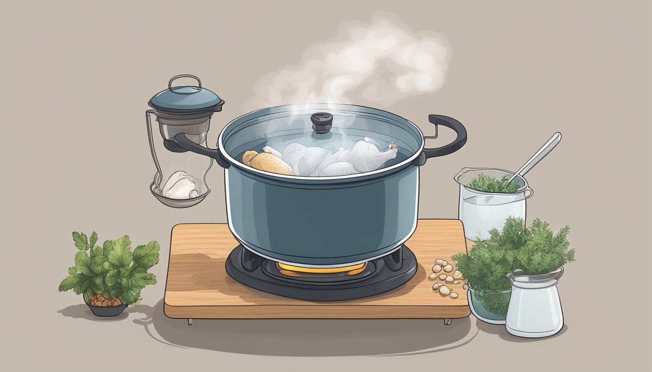 A pot of boiling water with a whole chicken submerged, steam rising, and a timer set nearby