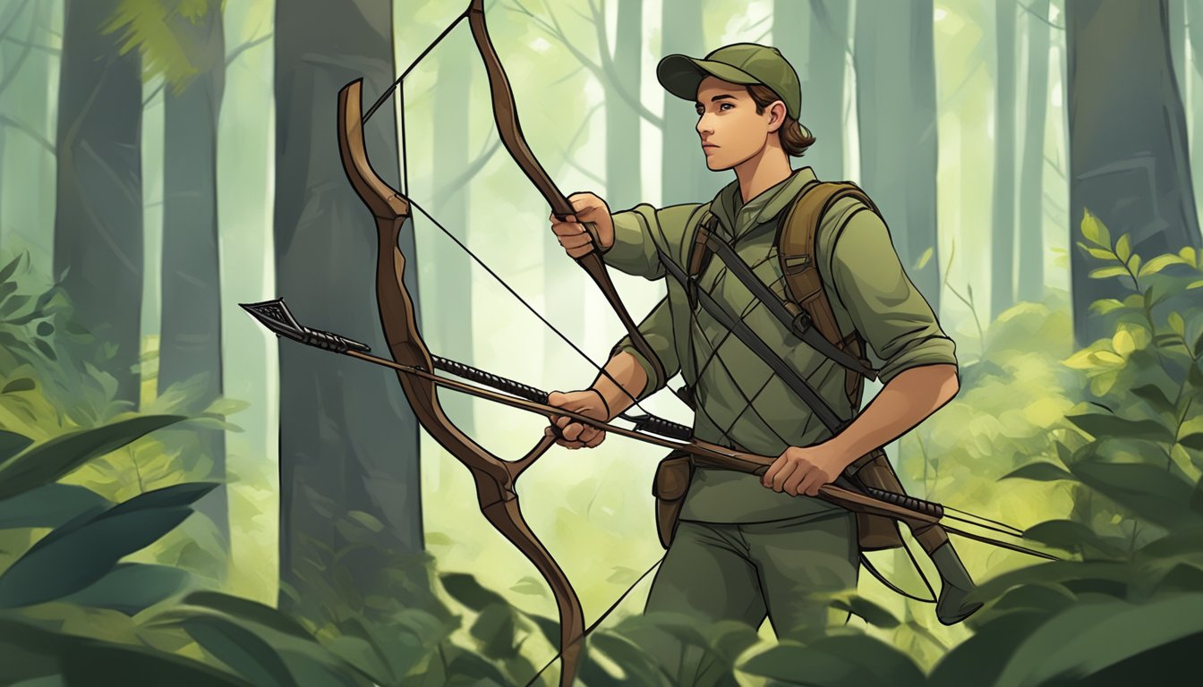 A young hunter tracking game in a lush forest, with a bow and arrow ready to make a sustainable kill